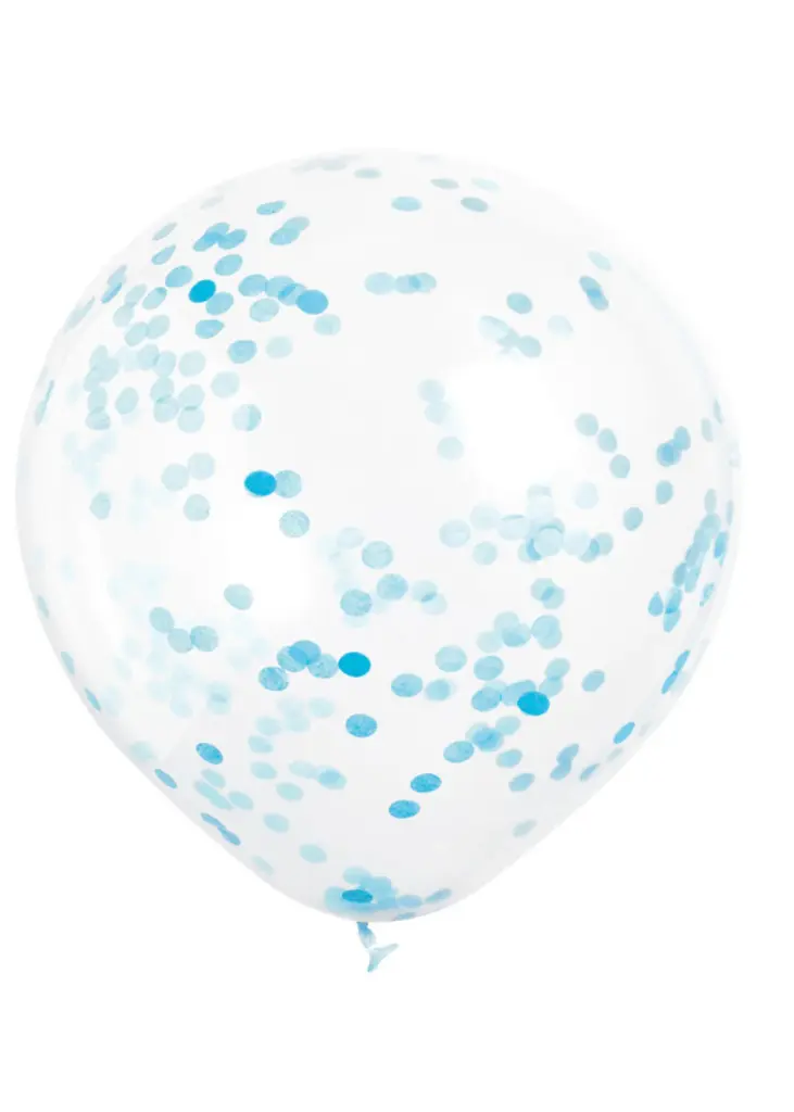 clear ballon met blauwe confetti