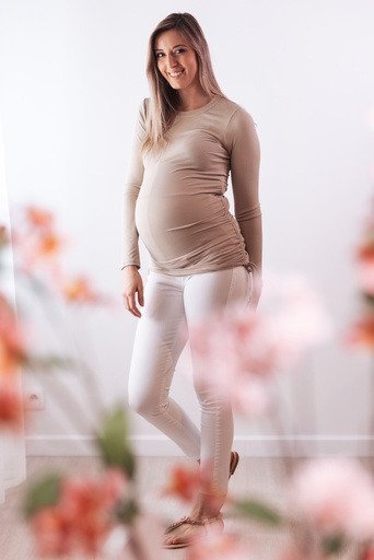 Zwangerschapstop met lange mouwen - Geribbeld Taupe
